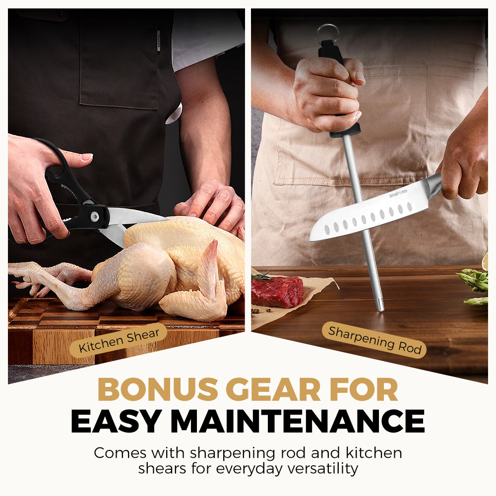 ZUNI 16PCS Kitchen Knife Set Stainless Steel Chef Knives w/ Block & Sharpener - Sunyee