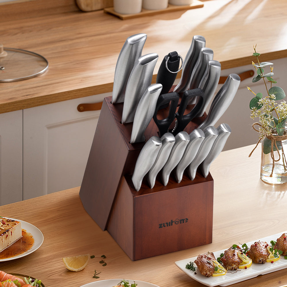 ZUNI 16PCS Kitchen Knife Set Stainless Steel Chef Knives w/ Block & Sharpener - Sunyee
