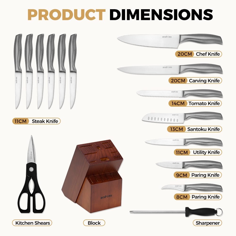 ZUNI 16PCS Kitchen Knife Set Stainless Steel Chef Knives w/ Block & Sharpener - Sunyee