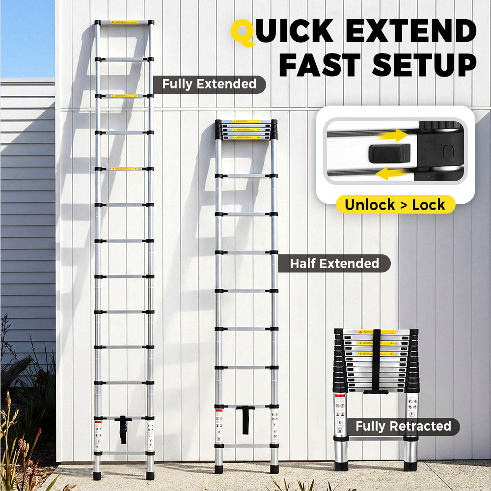 ZUNI 2/2.6/3.2/3.8M Telescopic Aluminium Ladder 150kg Load for Home& Work - Sunyee
