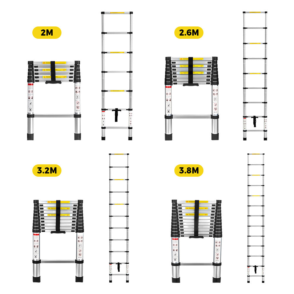 ZUNI 2/2.6/3.2/3.8M Telescopic Aluminium Ladder 150kg Load for Home& Work - Sunyee