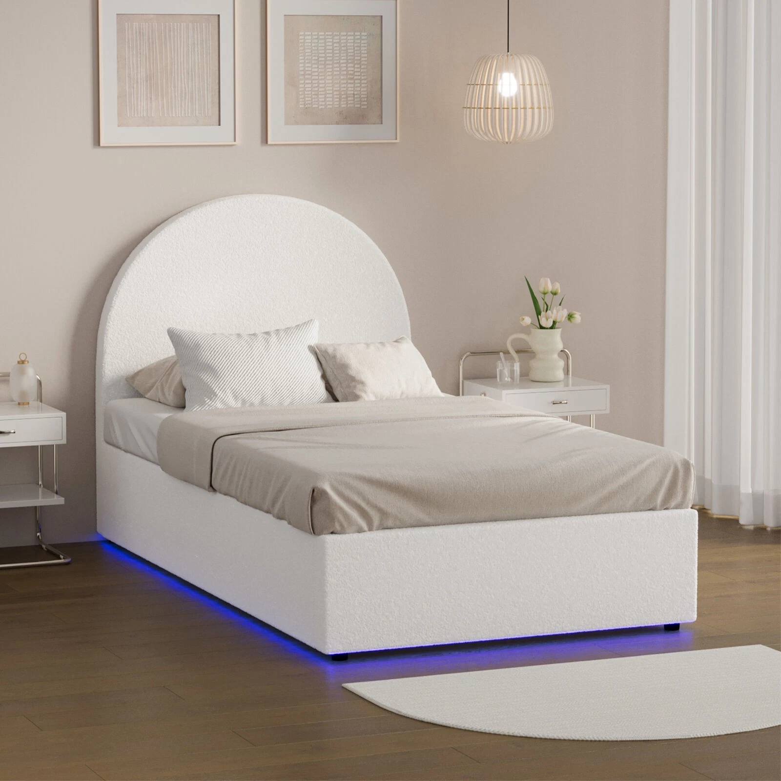 Oikiture Bed Frame King Single Size With Gas Lift Storage Base LED Boucle White