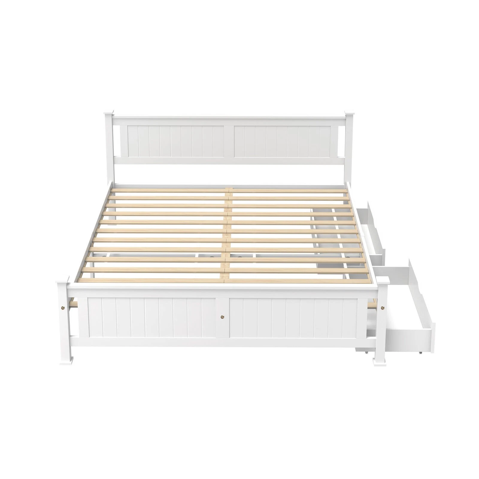 Oikiture Solid Pine Wood Bed Frame with 2 Storage Drawers Platform White King