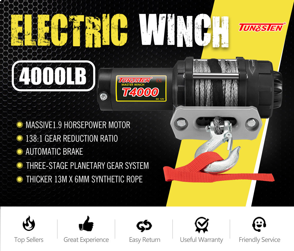 Electric Winch Wireless Synthetic Rope 12V 4000LBS 1812KG ATV 4WD BOAT - Sunyee
