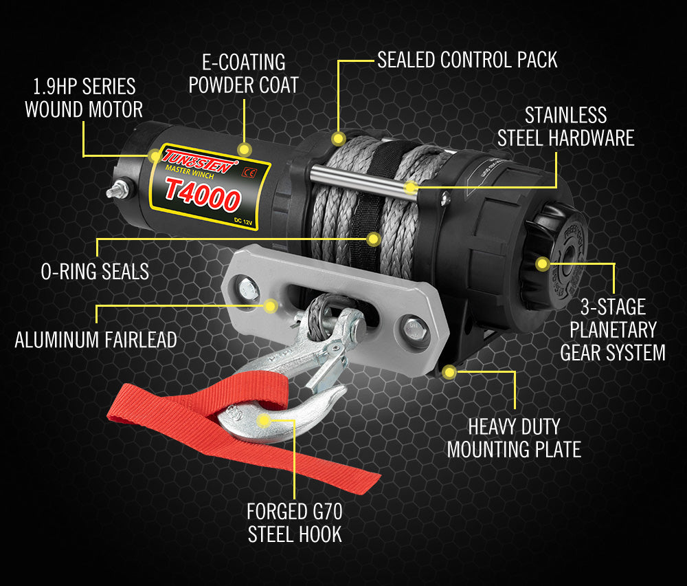 Electric Winch Wireless Synthetic Rope 12V 4000LBS 1812KG ATV 4WD BOAT - Sunyee