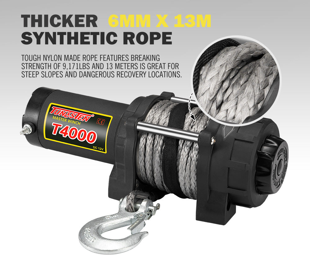 Electric Winch Wireless Synthetic Rope 12V 4000LBS 1812KG ATV 4WD BOAT - Sunyee