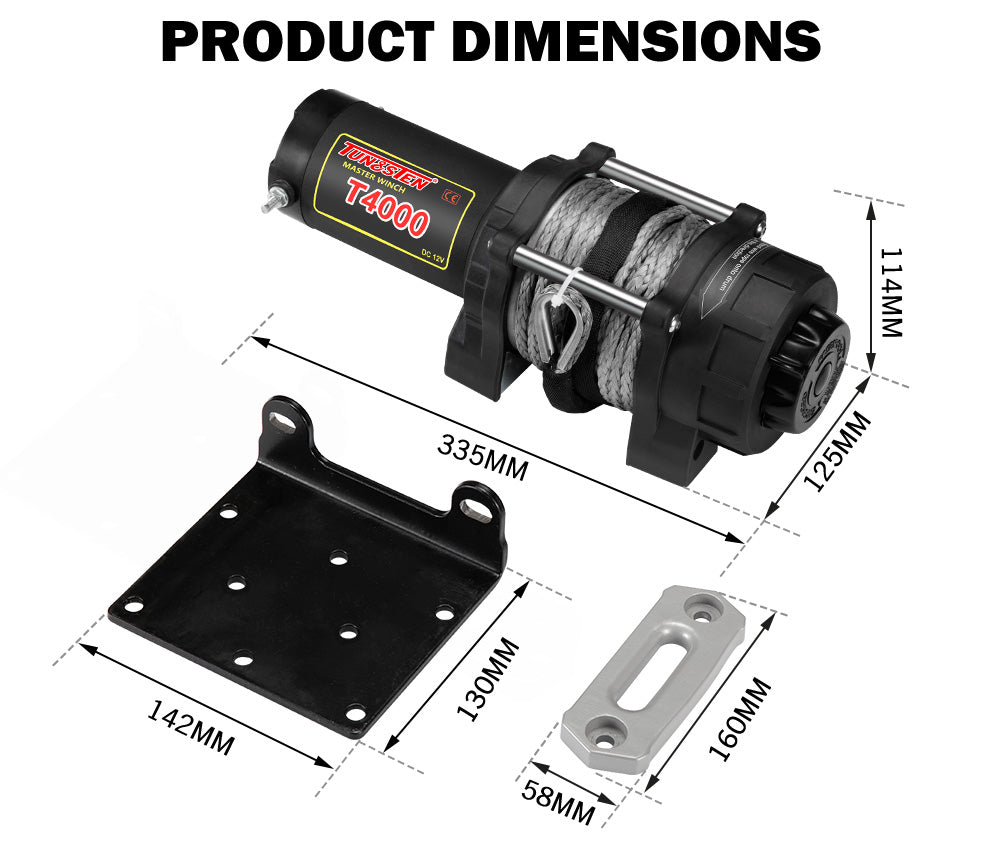 Electric Winch Wireless Synthetic Rope 12V 4000LBS 1812KG ATV 4WD BOAT - Sunyee