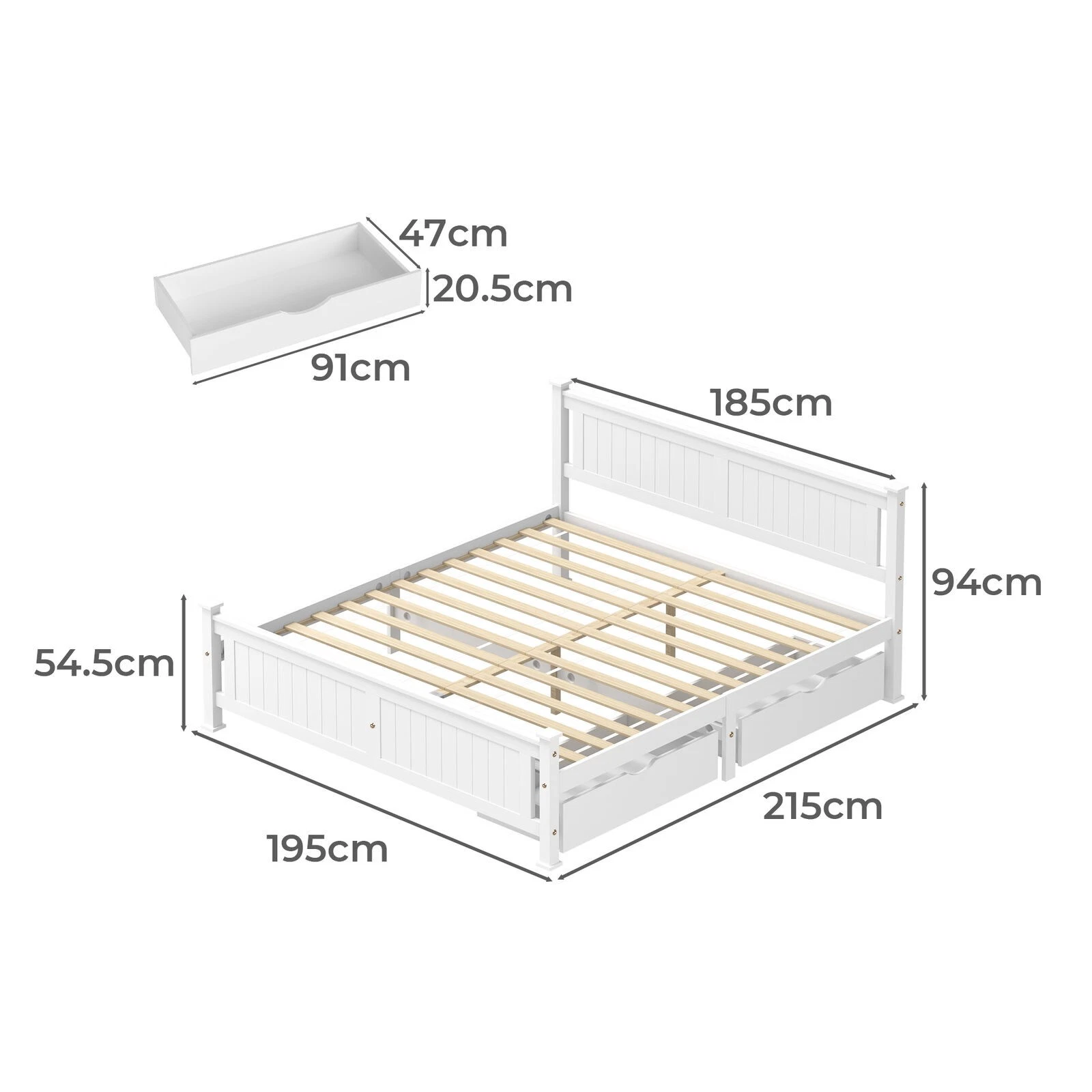 Oikiture Solid Pine Wood Bed Frame with 2 Storage Drawers Platform White King