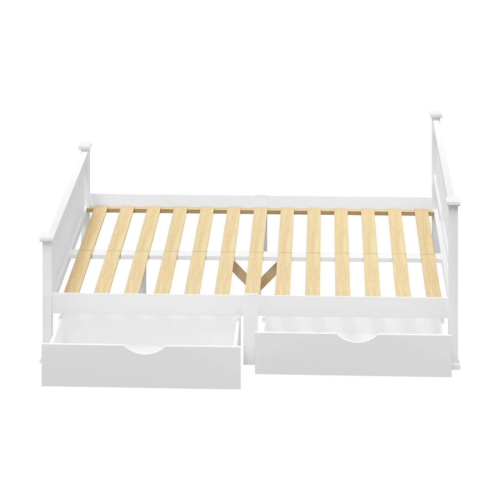 Oikiture Solid Pine Wood Bed Frame with 2 Storage Drawers Platform White King