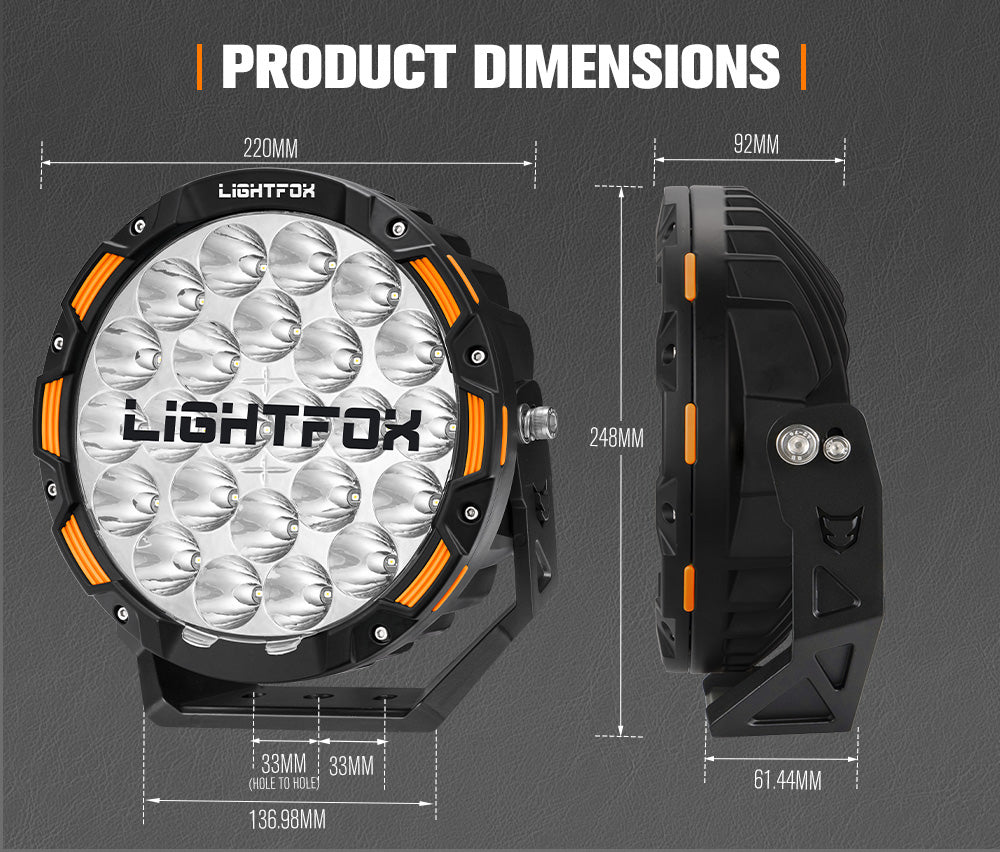 Lightfox 9inch LED Driving Light 1 Lux @1,442M IP68 18,672 lumen - Sunyee
