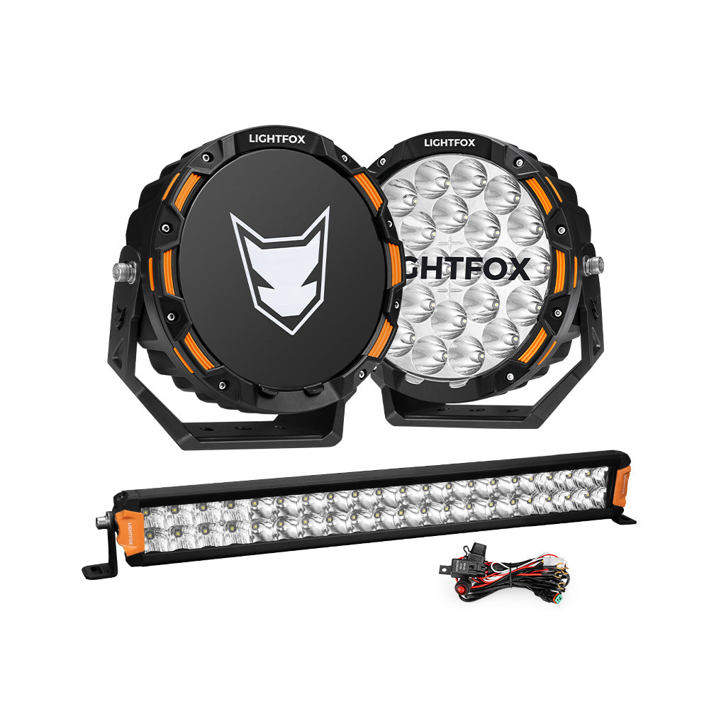 Lightfox OSRAM 9 inch LED Driving Lights + 20 inch Dual Row LED Light Bar + Wiring Kit - Sunyee