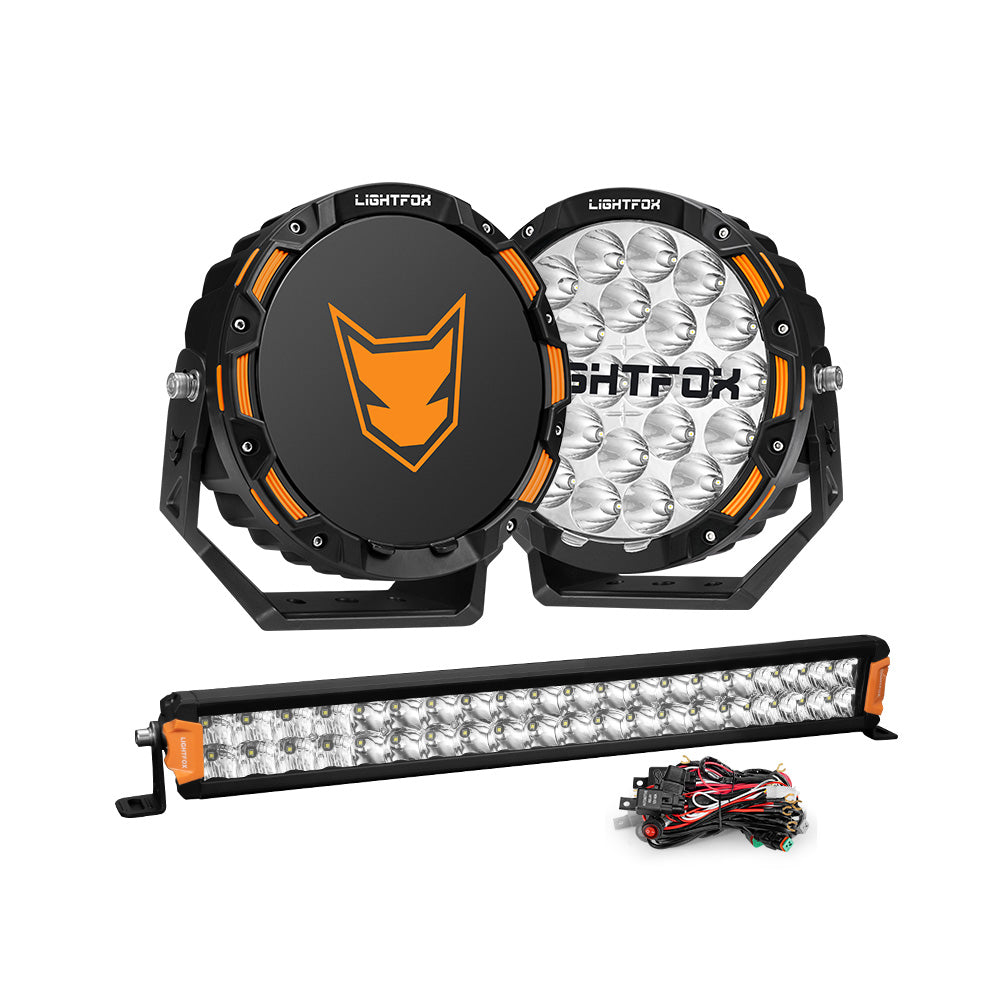 Lightfox 9 inch OSRAM LED Driving Lights + 20 inch Dual Row LED Light Bar + Wiring Kit - Sunyee