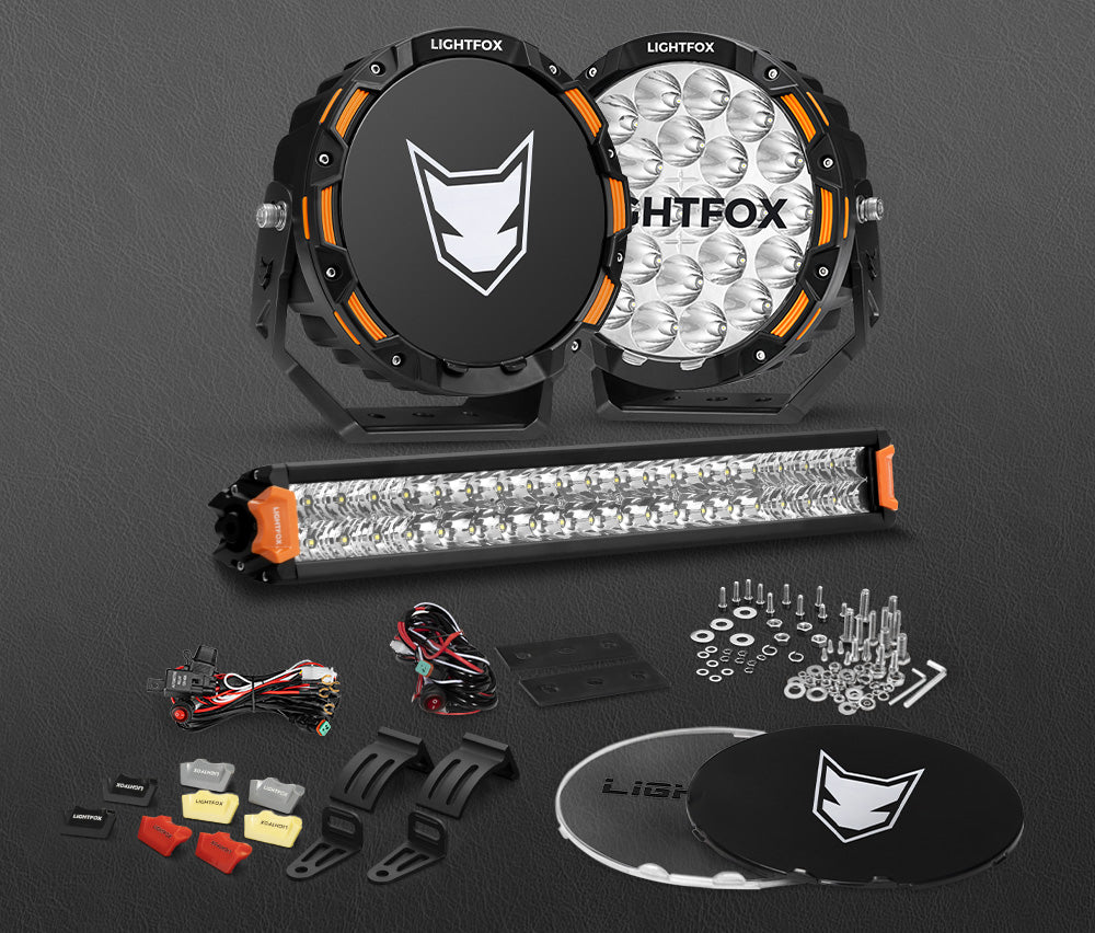 Lightfox OSRAM 9 inch LED Driving Lights + 20 inch Dual Row LED Light Bar + Wiring Kit - Sunyee