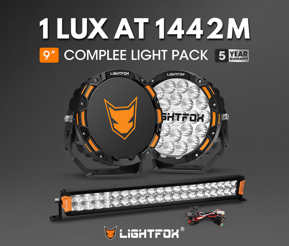 Lightfox 9 inch OSRAM LED Driving Lights + 20 inch Dual Row LED Light Bar + Wiring Kit - Sunyee