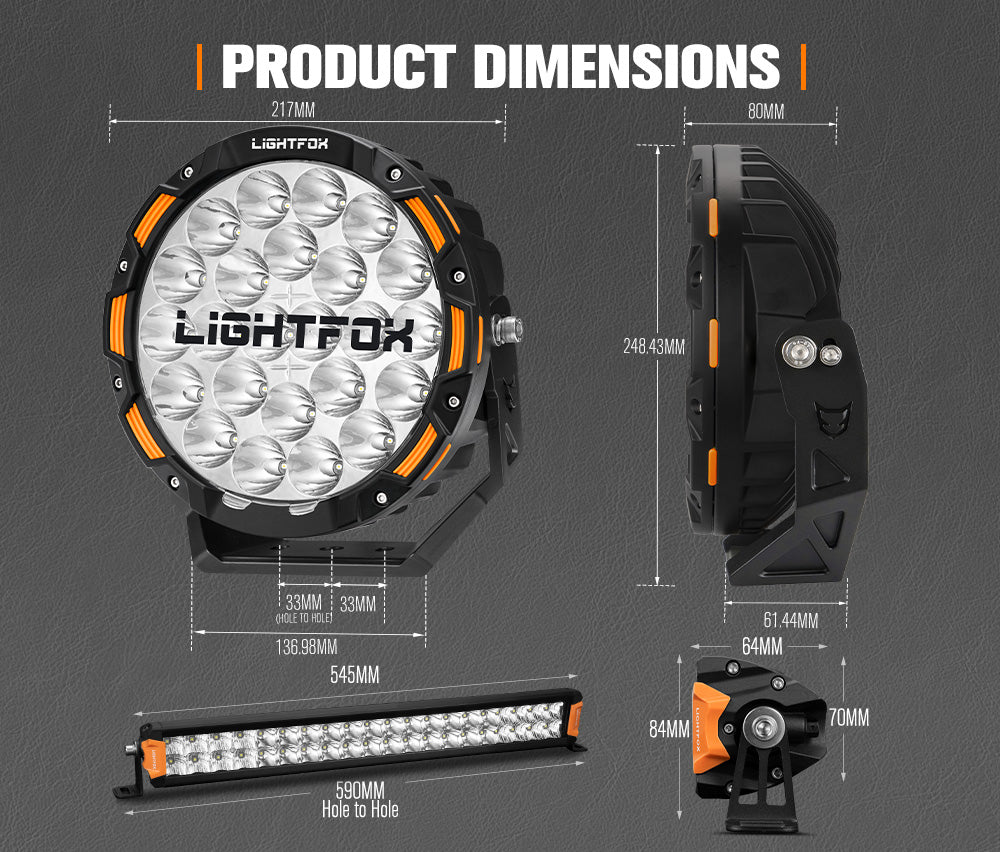 Lightfox 9 inch OSRAM LED Driving Lights + 20 inch Dual Row LED Light Bar + Wiring Kit - Sunyee