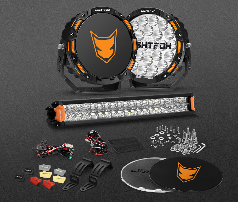 Lightfox 9 inch OSRAM LED Driving Lights + 20 inch Dual Row LED Light Bar + Wiring Kit - Sunyee