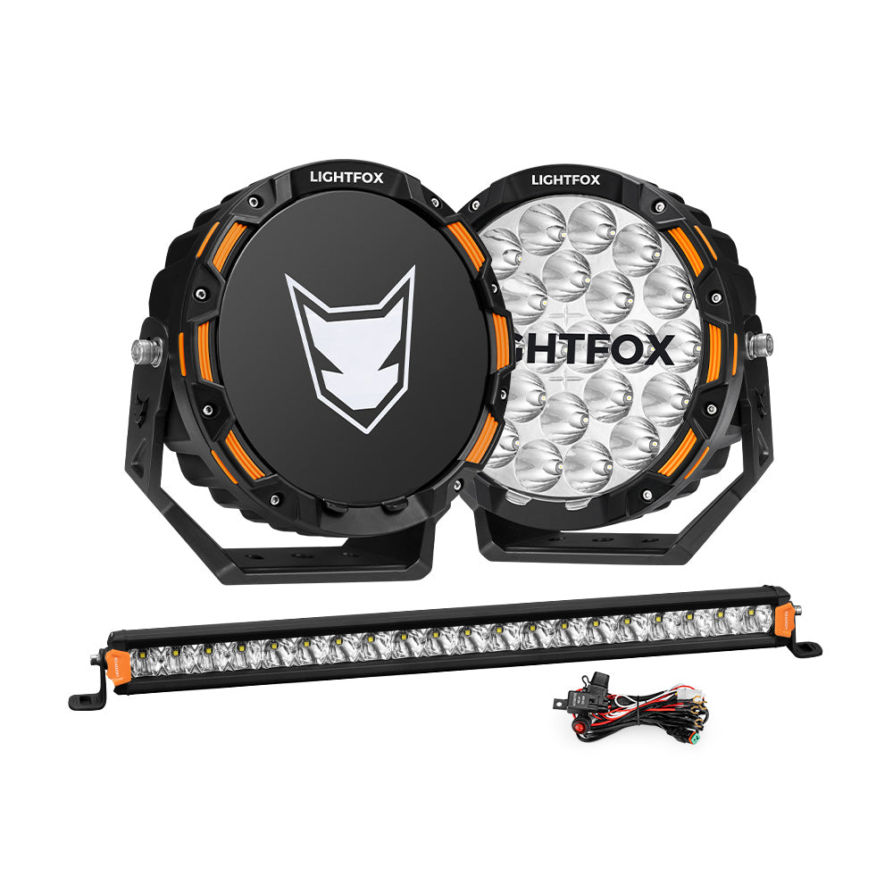 Lightfox OSRAM 9 inch LED Driving Lights + 20 inch Single Row LED Light Bar + Wiring Kit - Sunyee