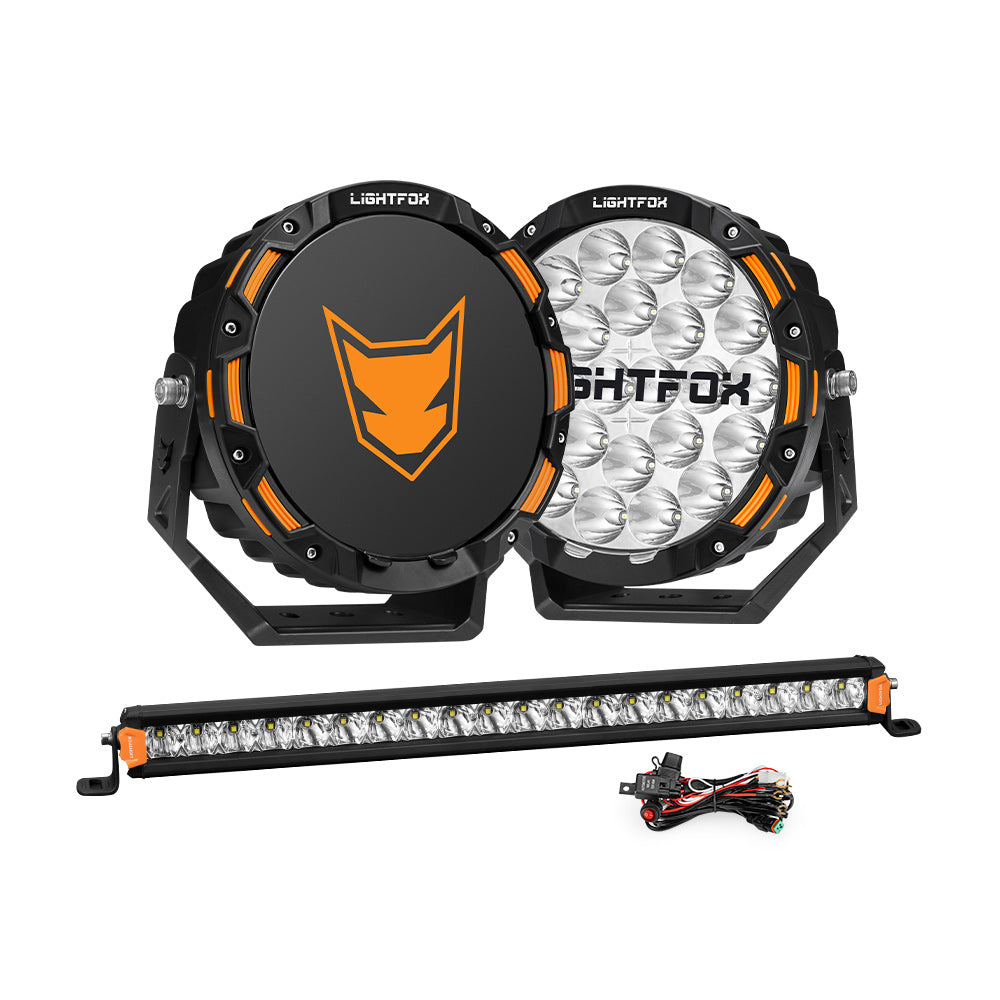 Lightfox 9 inch OSRAM LED Driving Lights + 20 inch Single Row LED Light Bar + Wiring Kit - Sunyee
