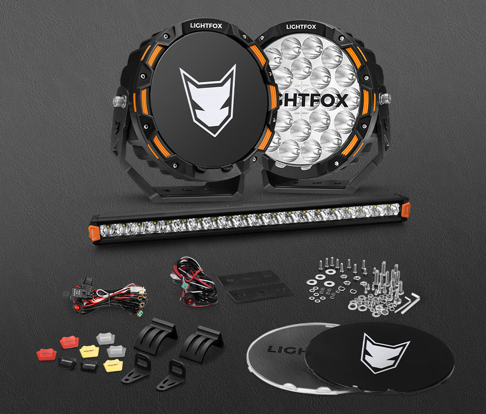 Lightfox OSRAM 9 inch LED Driving Lights + 20 inch Single Row LED Light Bar + Wiring Kit - Sunyee