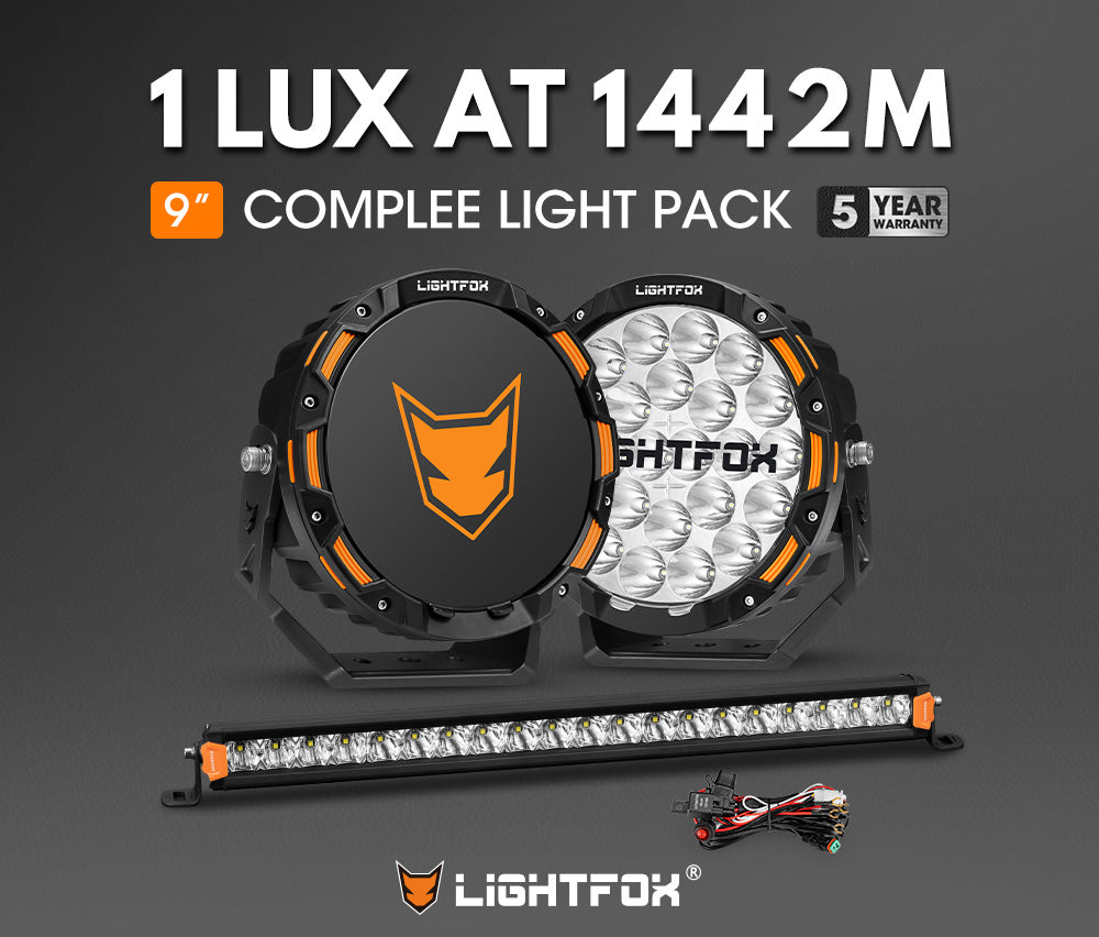 Lightfox 9 inch OSRAM LED Driving Lights + 20 inch Single Row LED Light Bar + Wiring Kit - Sunyee