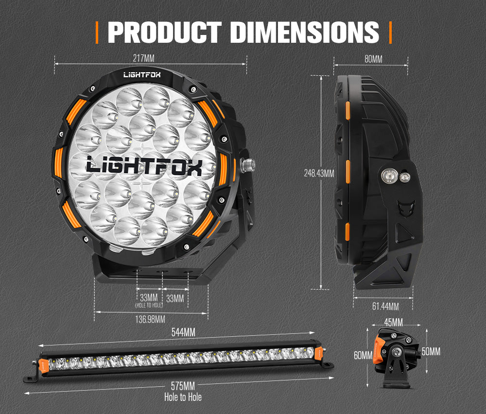 Lightfox 9 inch OSRAM LED Driving Lights + 20 inch Single Row LED Light Bar + Wiring Kit - Sunyee