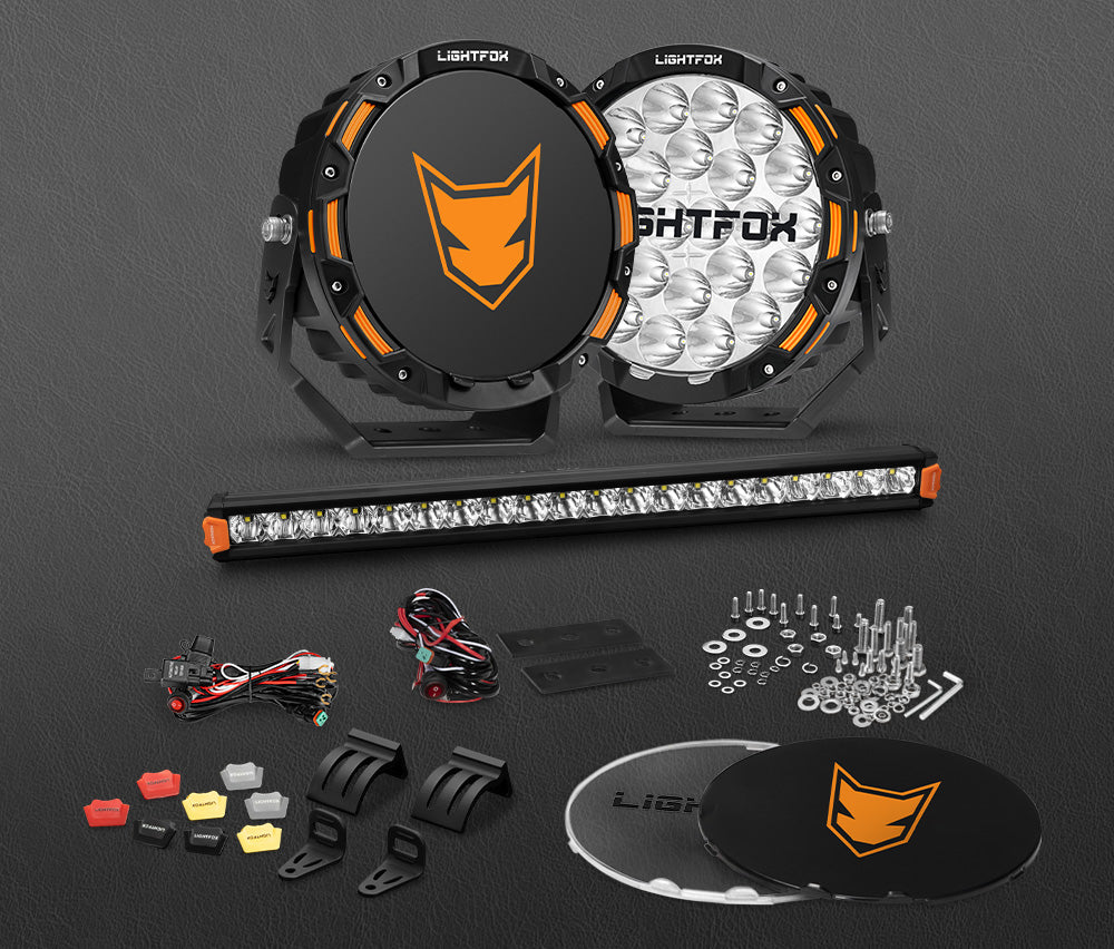Lightfox 9 inch OSRAM LED Driving Lights + 20 inch Single Row LED Light Bar + Wiring Kit - Sunyee