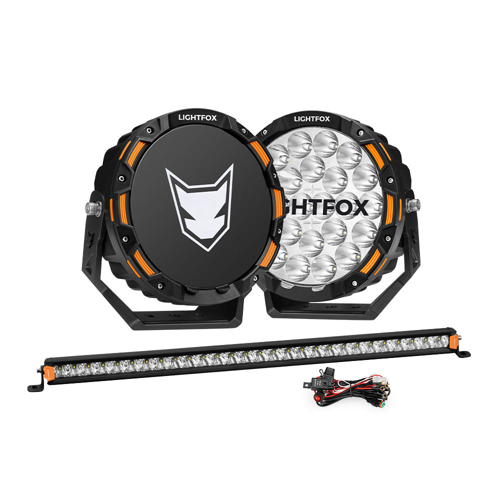 Lightfox OSRAM 9 inch LED Driving Lights + 28 inch Single Row LED Light Bar + Wiring Kit - Sunyee