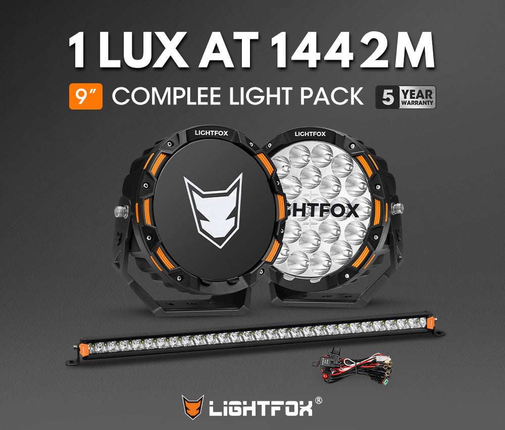 Lightfox OSRAM 9 inch LED Driving Lights + 28 inch Single Row LED Light Bar + Wiring Kit - Sunyee