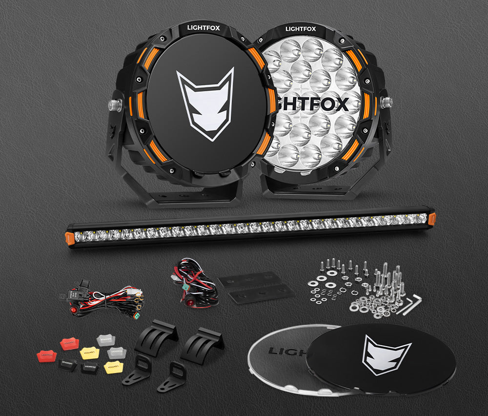 Lightfox OSRAM 9 inch LED Driving Lights + 28 inch Single Row LED Light Bar + Wiring Kit - Sunyee
