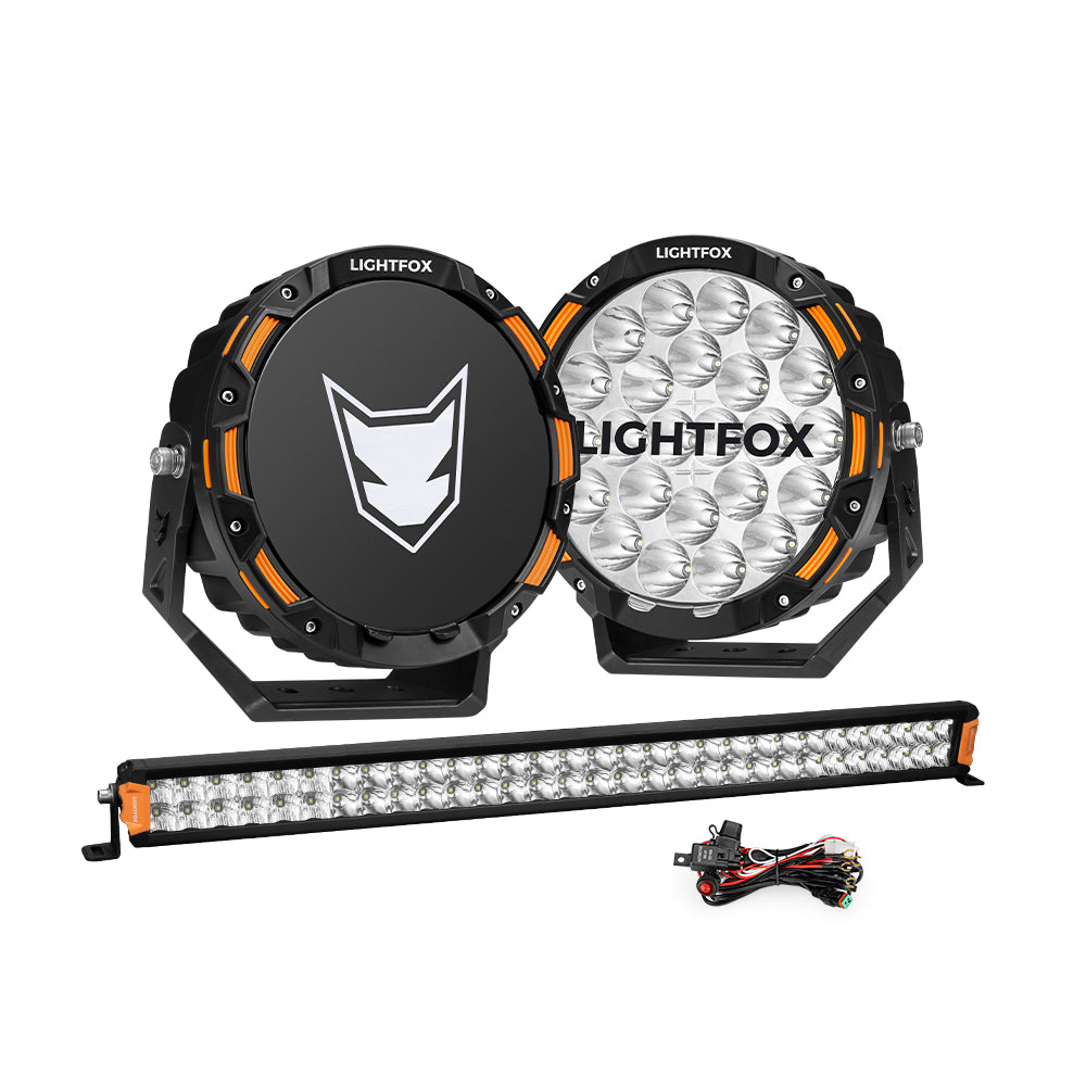 Lightfox OSRAM 9 inch LED Driving Lights + 30 inch Dual Row LED Light Bar + Wiring Kit - Sunyee
