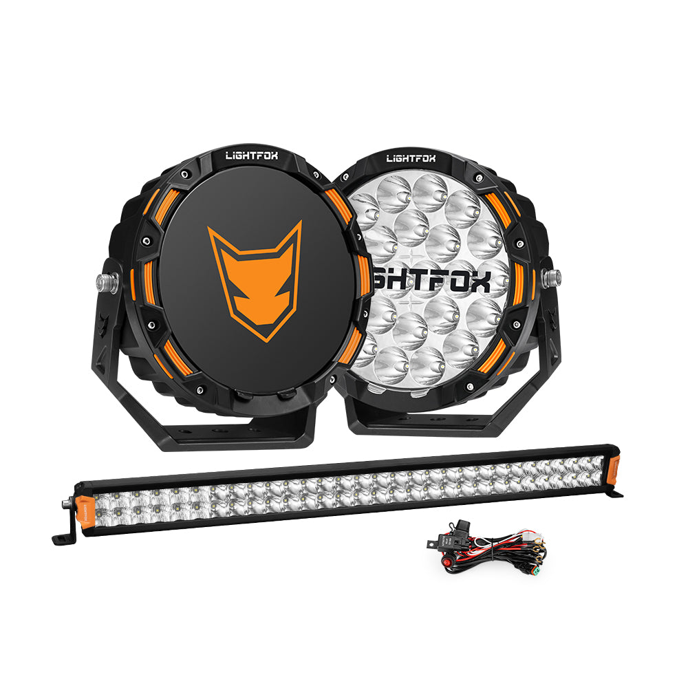 Lightfox 9 inch OSRAM LED Driving Lights + 28 inch Single Row LED Light Bar + Wiring Kit - Sunyee