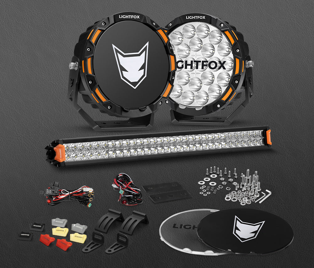 Lightfox OSRAM 9 inch LED Driving Lights + 30 inch Dual Row LED Light Bar + Wiring Kit - Sunyee