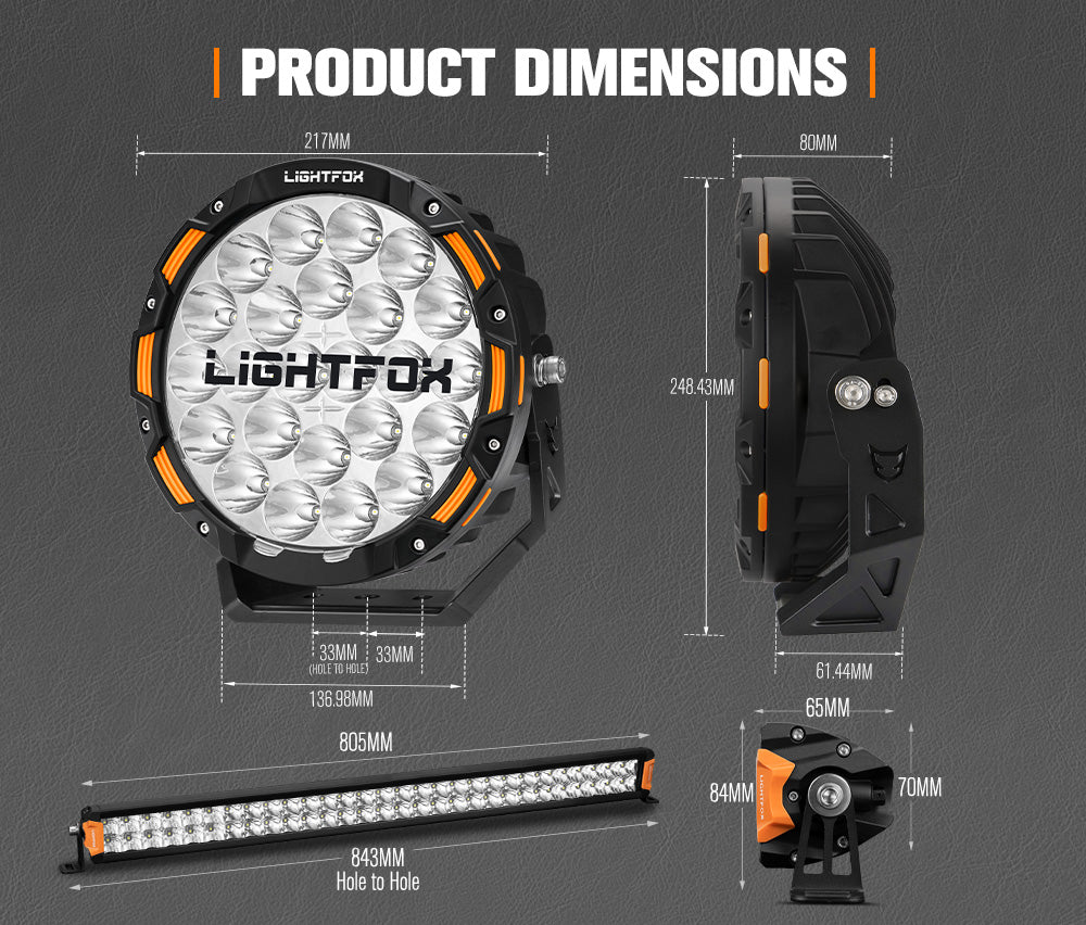 Lightfox 9 inch OSRAM LED Driving Lights + 28 inch Single Row LED Light Bar + Wiring Kit - Sunyee