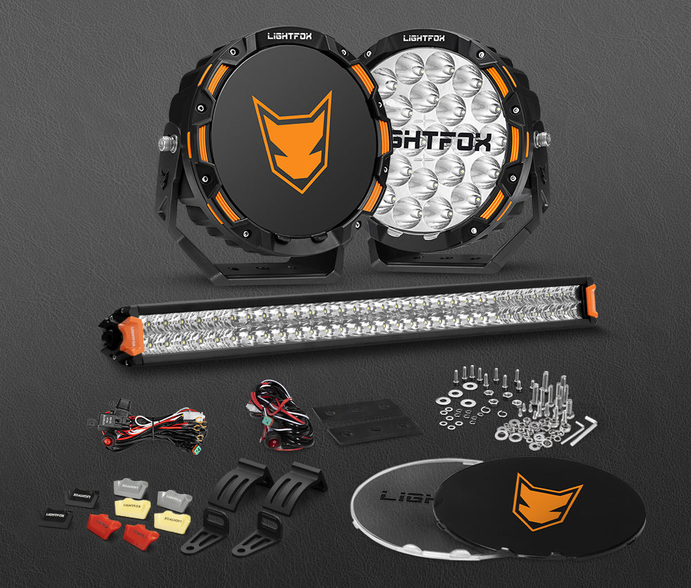 Lightfox 9 inch OSRAM LED Driving Lights + 30 inch Dual Row LED Light Bar + Wiring Kit - Sunyee