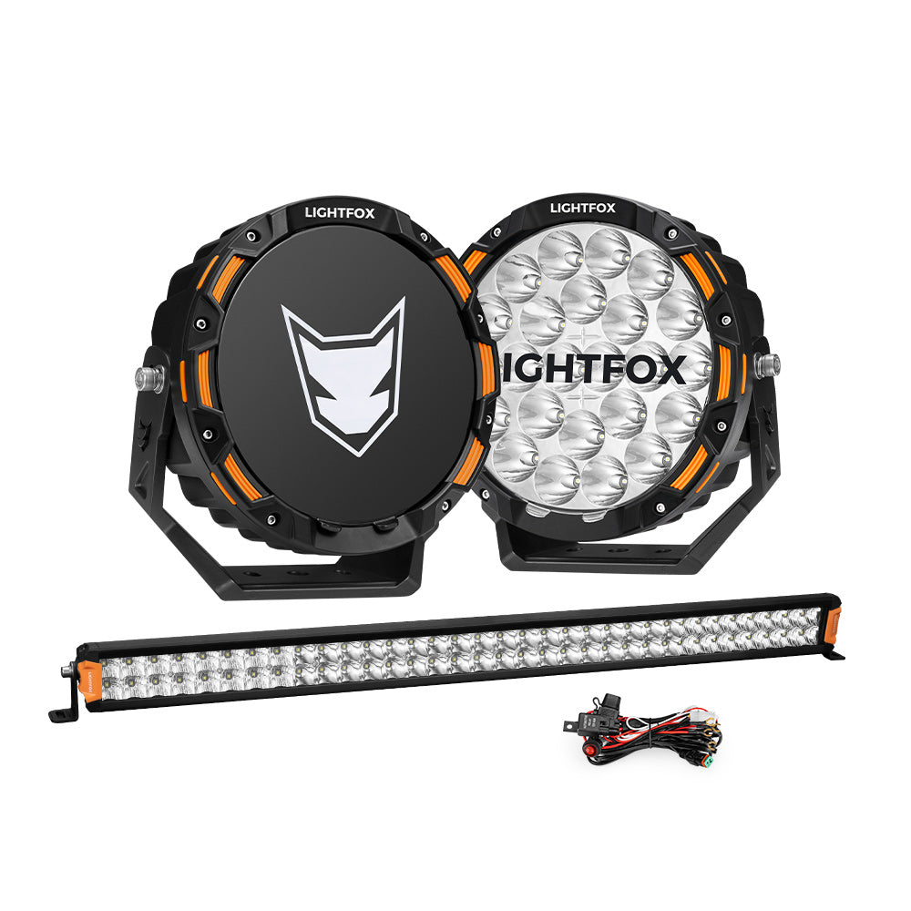Lightfox OSRAM 9 inch LED Driving Lights + 40 inch Dual Row LED Light Bar + Wiring Kit - Sunyee