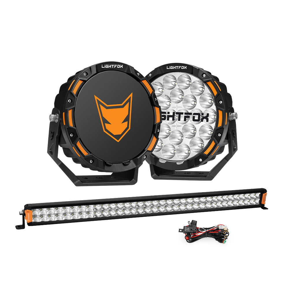 Lightfox 9 inch OSRAM LED Driving Lights + 40 inch Dual Row LED Light Bar + Wiring Kit - Sunyee