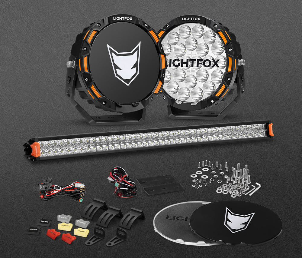 Lightfox OSRAM 9 inch LED Driving Lights + 40 inch Dual Row LED Light Bar + Wiring Kit - Sunyee