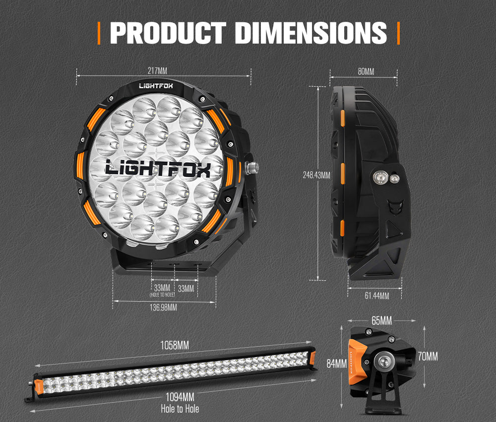 Lightfox 9 inch OSRAM LED Driving Lights + 40 inch Dual Row LED Light Bar + Wiring Kit - Sunyee