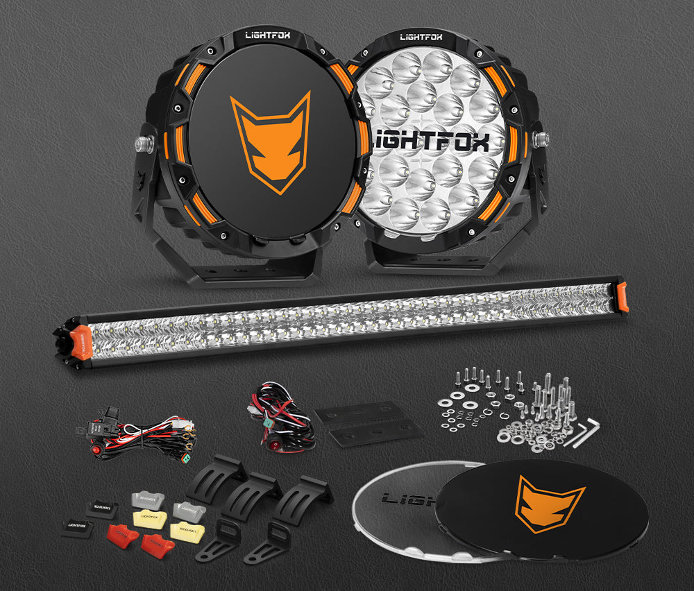 Lightfox 9 inch OSRAM LED Driving Lights + 40 inch Dual Row LED Light Bar + Wiring Kit - Sunyee