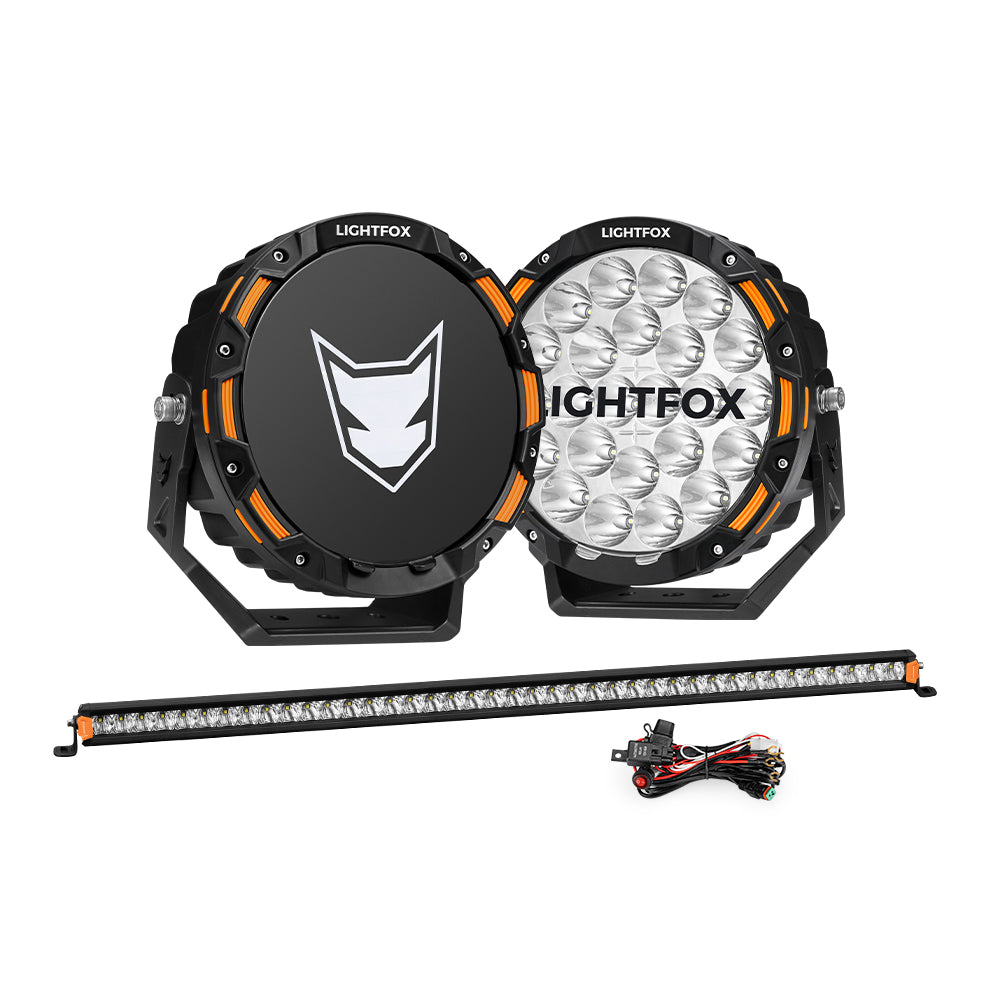 Lightfox OSRAM 9 inch LED Driving Lights + 40 inch Single Row LED Light Bar + Wiring Kit - Sunyee
