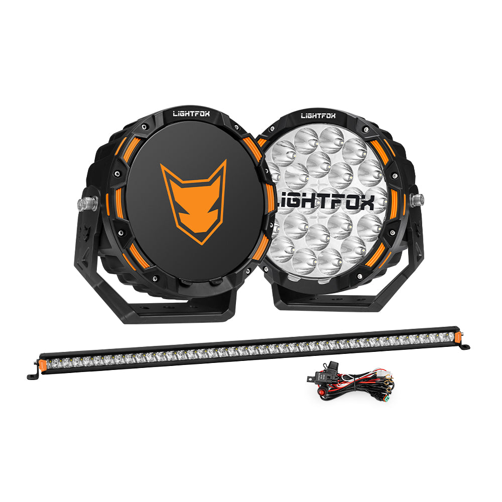 Lightfox 9 inch OSRAM LED Driving Lights + 40 inch Single Row LED Light Bar + Wiring Kit - Sunyee