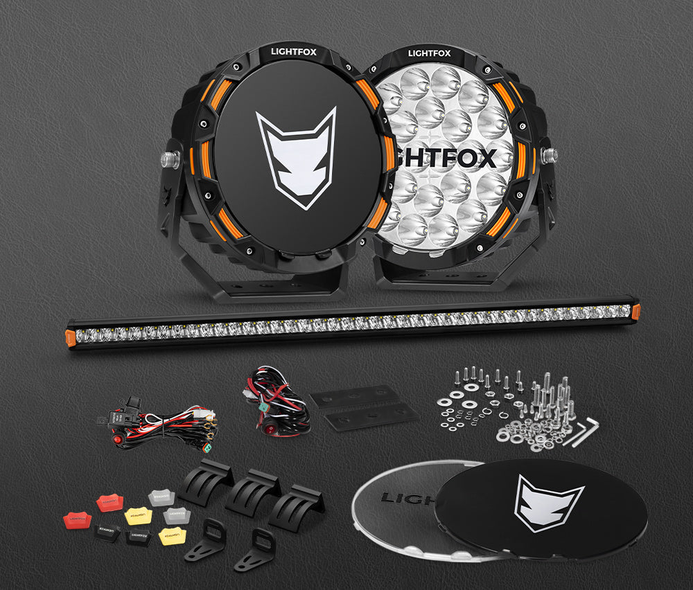 Lightfox OSRAM 9 inch LED Driving Lights + 40 inch Single Row LED Light Bar + Wiring Kit - Sunyee
