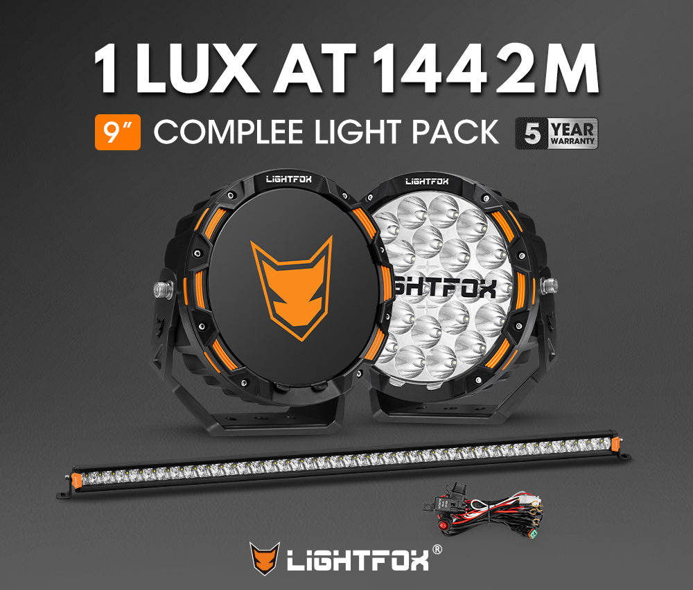 Lightfox 9 inch OSRAM LED Driving Lights + 40 inch Single Row LED Light Bar + Wiring Kit - Sunyee