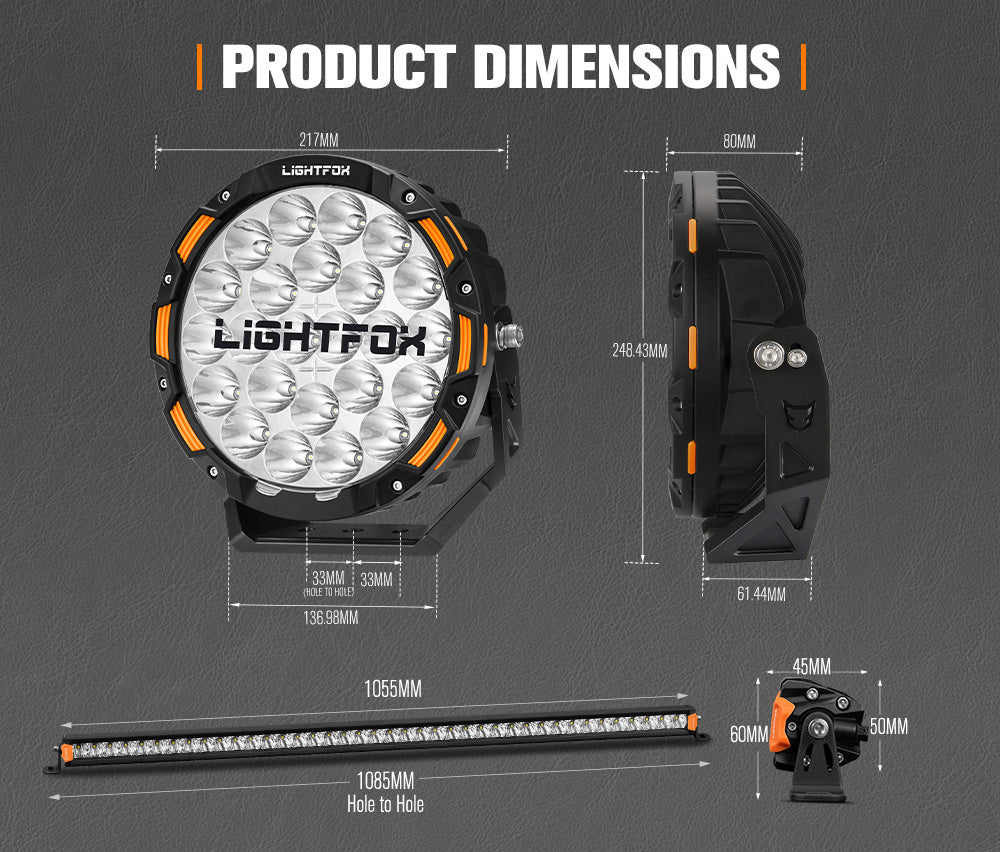 Lightfox 9 inch OSRAM LED Driving Lights + 40 inch Single Row LED Light Bar + Wiring Kit - Sunyee