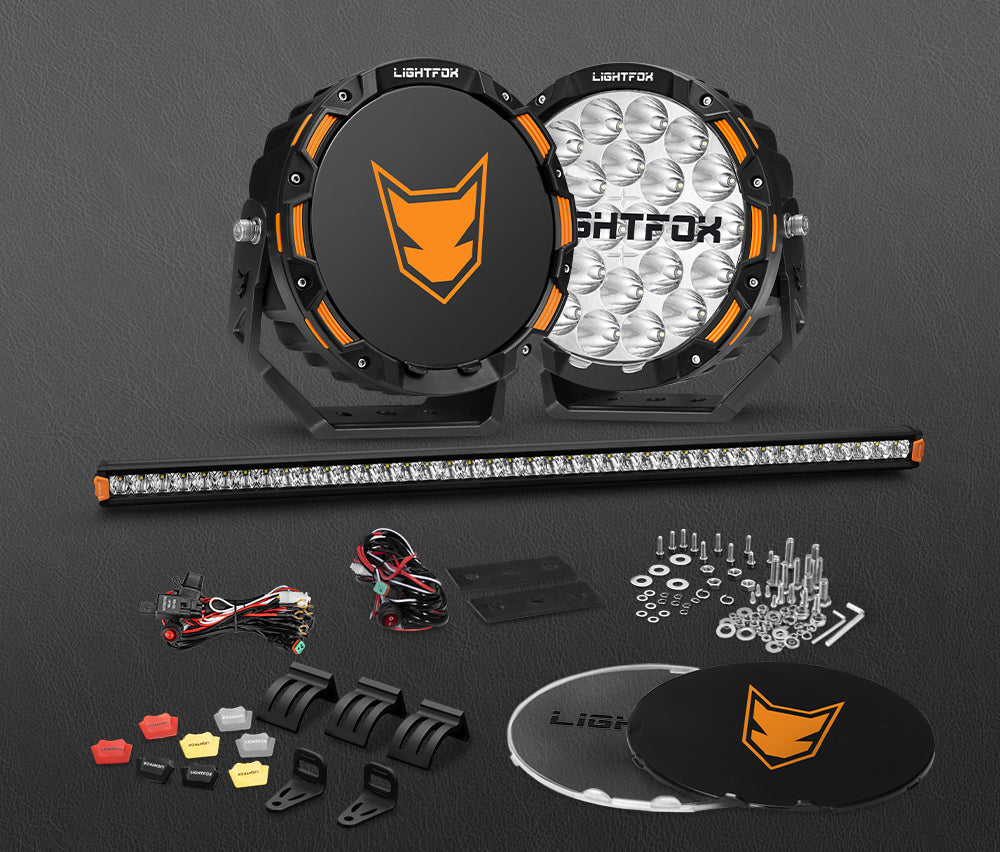 Lightfox 9 inch OSRAM LED Driving Lights + 40 inch Single Row LED Light Bar + Wiring Kit - Sunyee