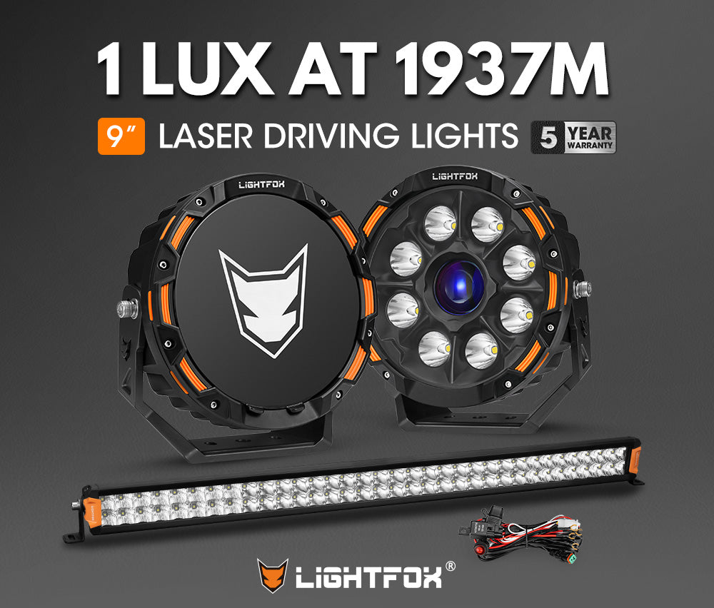 Lightfox 9 inch Osram Laser LED Driving Lights + 40 inch LED Dual Row Light Bar + Wiring Kit - Sunyee