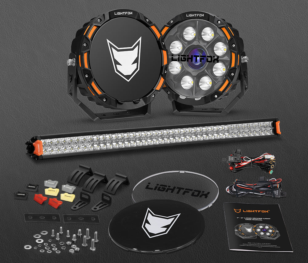 Lightfox 9 inch Osram Laser LED Driving Lights + 40 inch LED Dual Row Light Bar + Wiring Kit - Sunyee
