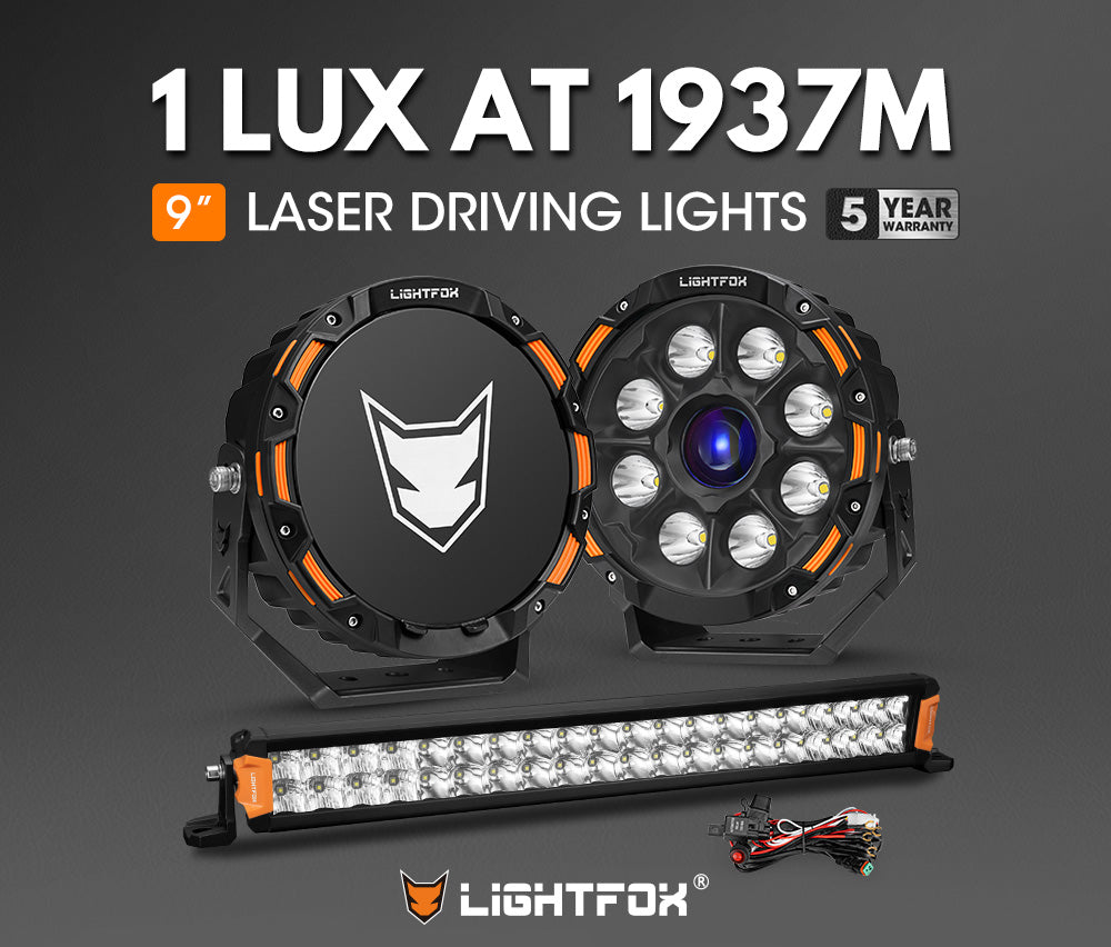 Lightfox 9 inch Osram Laser LED Driving Lights + 20 inch Dual Row LED Light Bar + Wiring Kit - Sunyee
