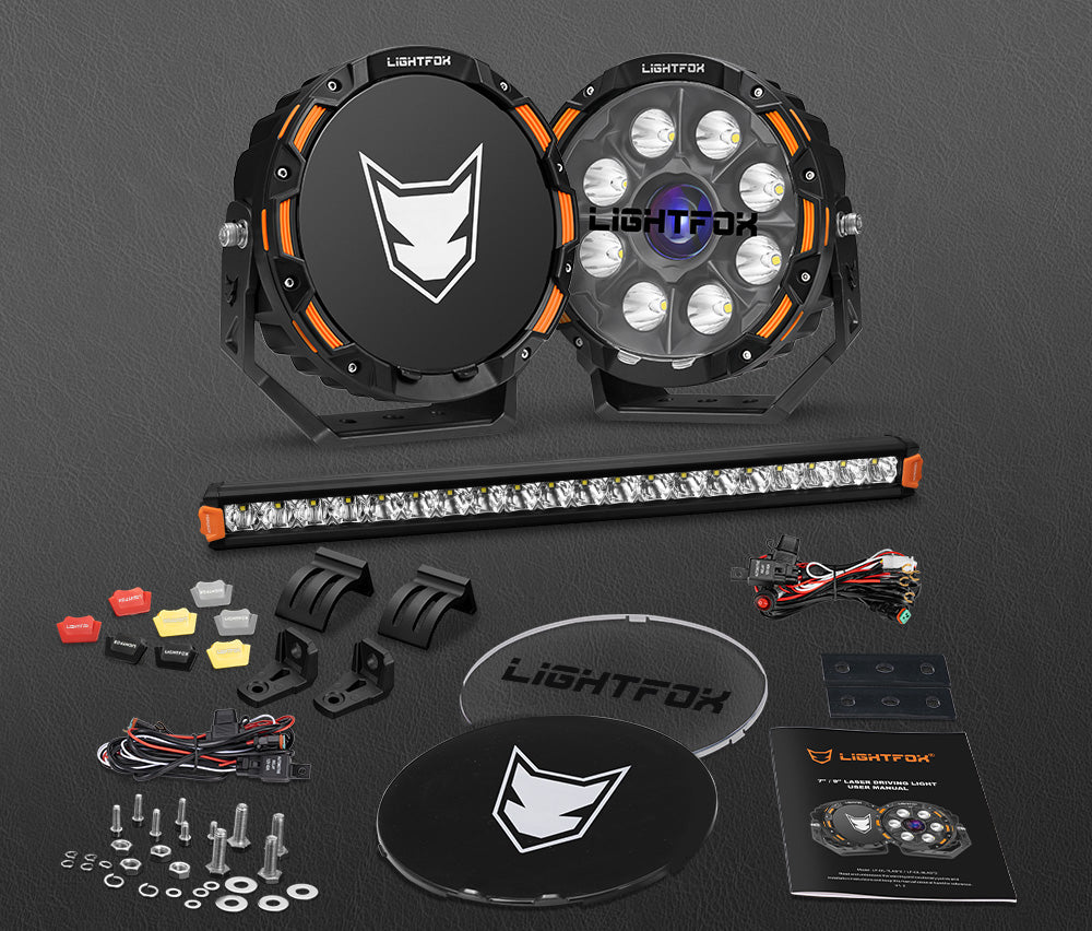 Lightfox 9 inch Osram Laser LED Driving Lights + 20 inch Single Row LED Light Bar + Wiring Kit - Sunyee