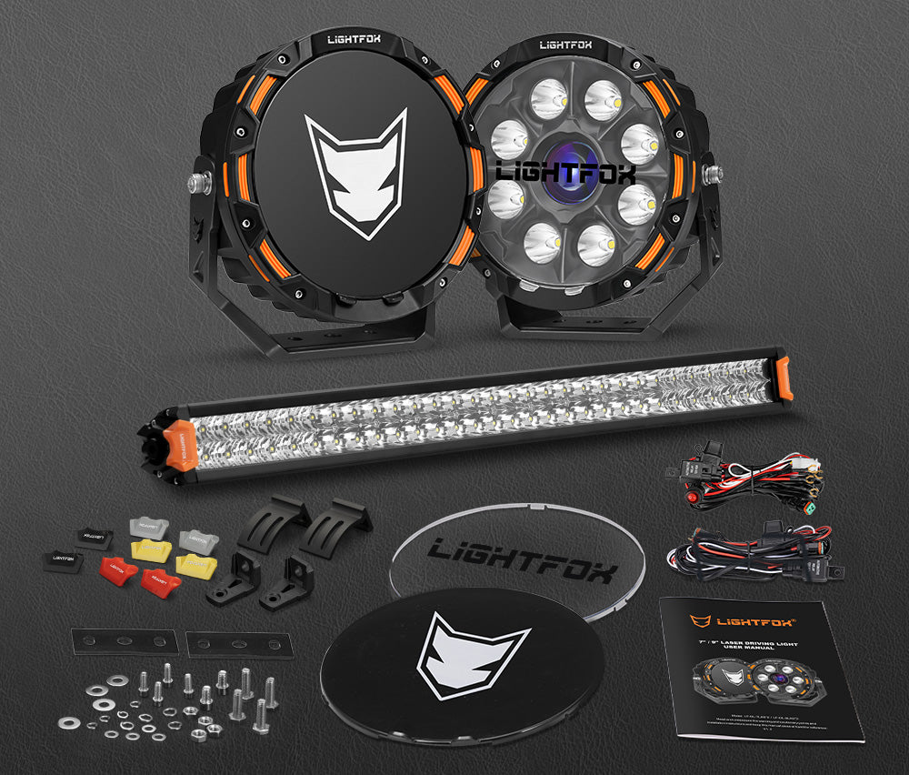 Lightfox 9 inch Osram Laser LED Driving Lights + 30 inch LED Light Bar + Wiring Kit - Sunyee
